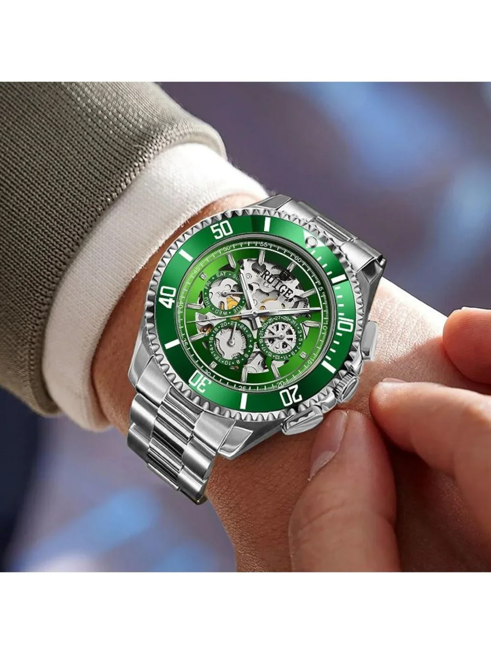 Men's Green Automatic Skeleton 43mm Mechanical Luminous Stainless Steel Watch